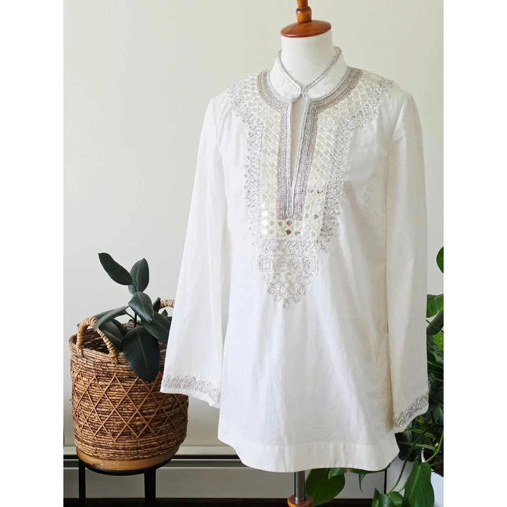 Tory Burch Ivory Cotton Mirror Embroidered Tunic Top Silver Metallic Womens 8